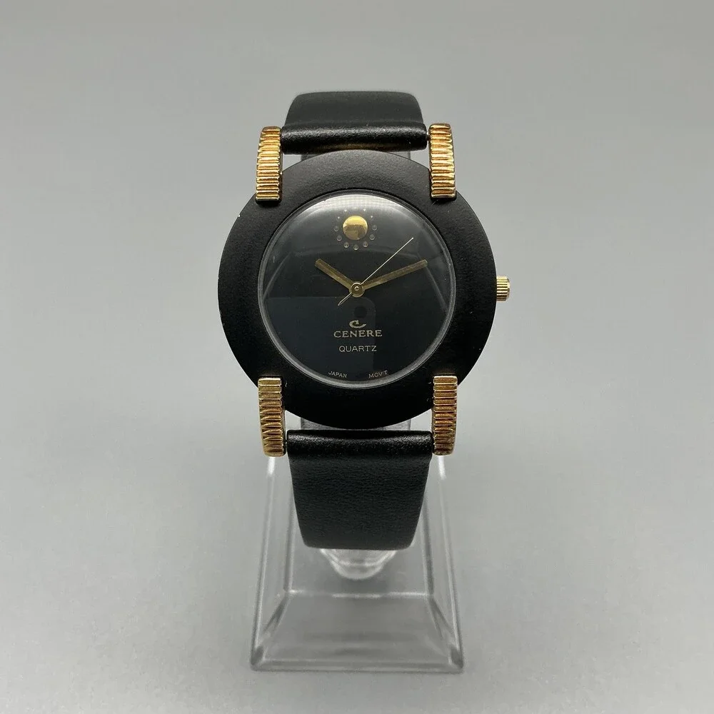 Vintage Cenere Mens Watch 34mm Black Dial Gold Tone Lugs Leather New Battery